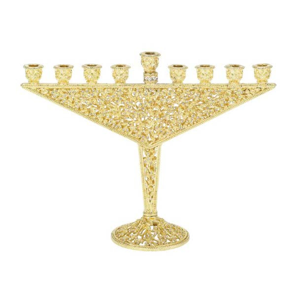 Menorah, Hand Set Clear European Crystals, Gold Finish Over Pewter