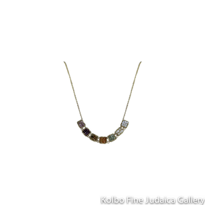 Necklace, Seven Beaded Squares of Multicolor Sapphire Stones on Gold-Filled Chain