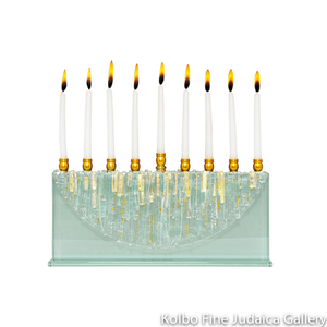 Menorah, Clear Icicle Moon, Dichroic Gold Accents, Glass