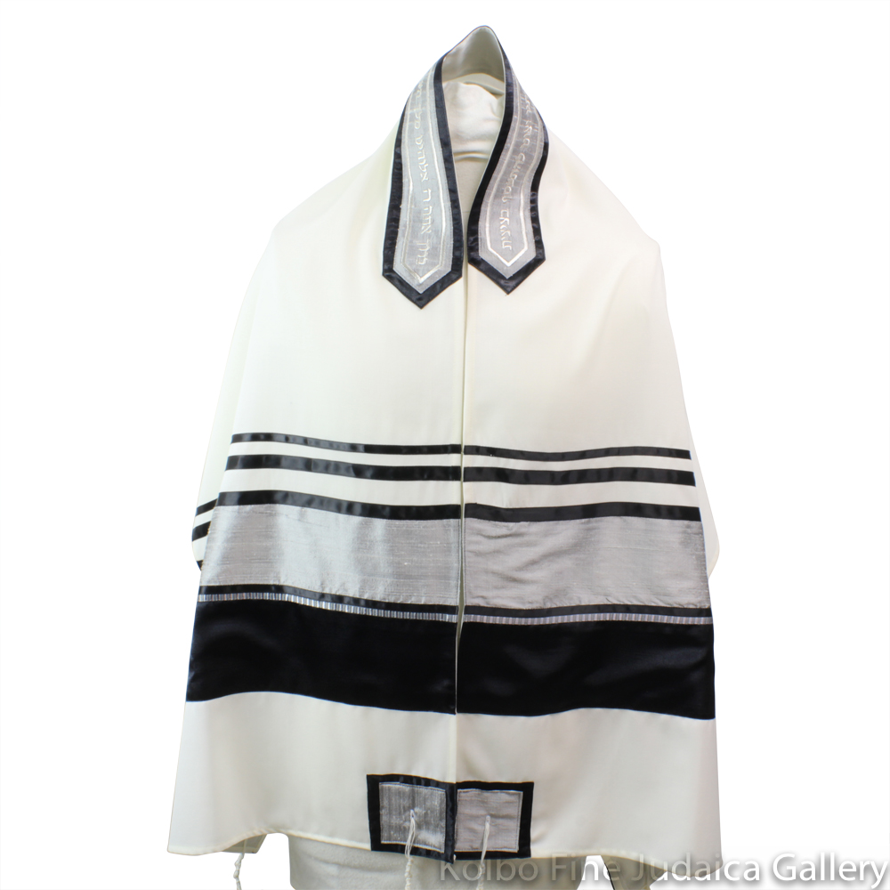 Tallit Set, Black Stripes with Silver Raw Silk on White, Wool