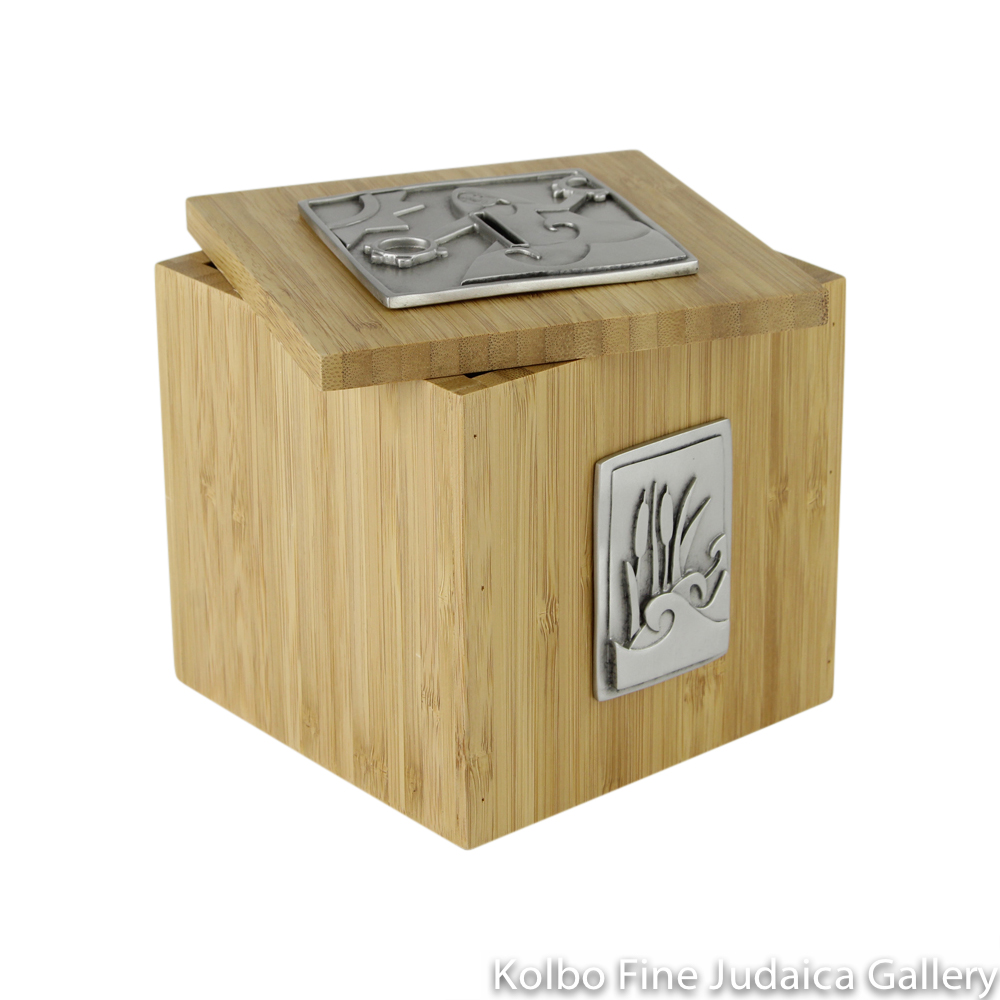 Tzedakah Box, Dancing Miriam, Pewter and Bamboo