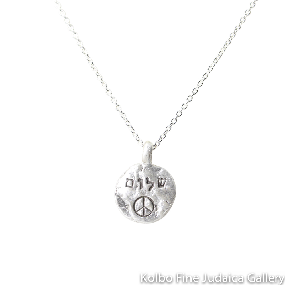 Necklace, Round Pendant with Shalom and Peace Sign, Sterling Silver