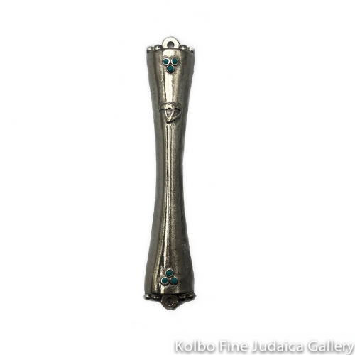 Mezuzah, Hourglass with Small Light Turquoise Stones, Pewter