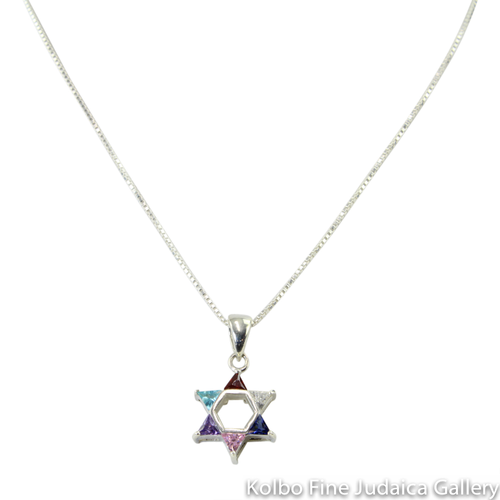 Necklace, Star of David Multicolored Design, Sterling Silver and Glass