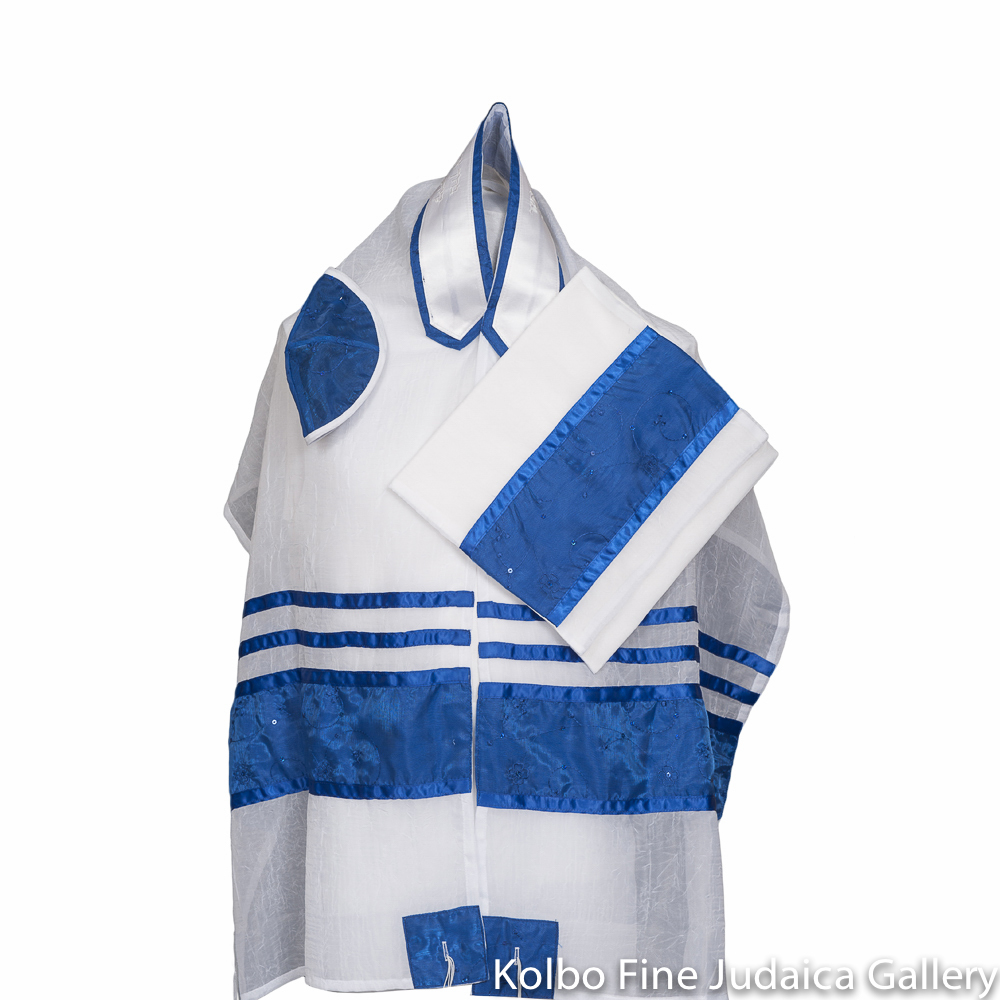 Tallit Set, Bright Blue Floral Sparkle on White Chiffon