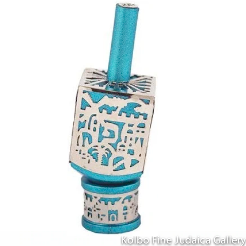 Dreidel, Turquoise Anodized Aluminum, Jerusalem Cut Out, Large