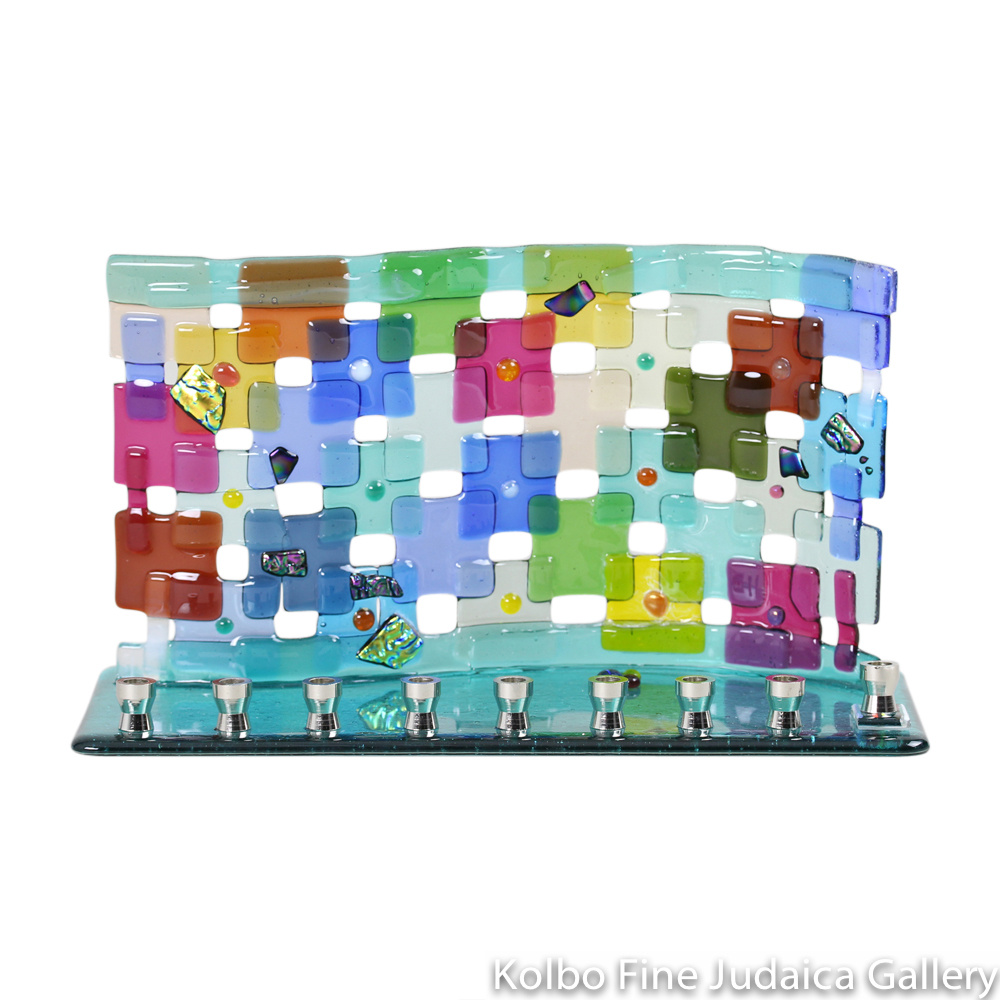 Menorah, Rainbow Quilt Design, Multicolor Overlapping Fused Glass Squares with Dichroic Detail, Large