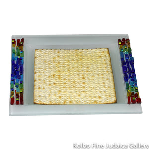 Matzah Plate, Fused Glass, Rainbow Parting of the Sea Design with Blue in Center