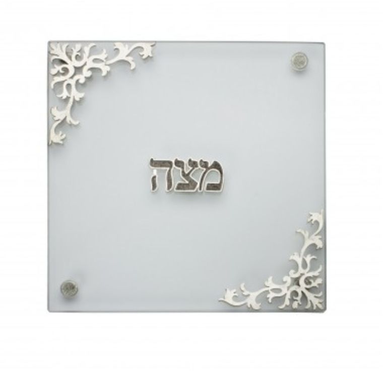Matzah Tray, Clear Glass with Filigree Detail, Silver Plate Over Pewter