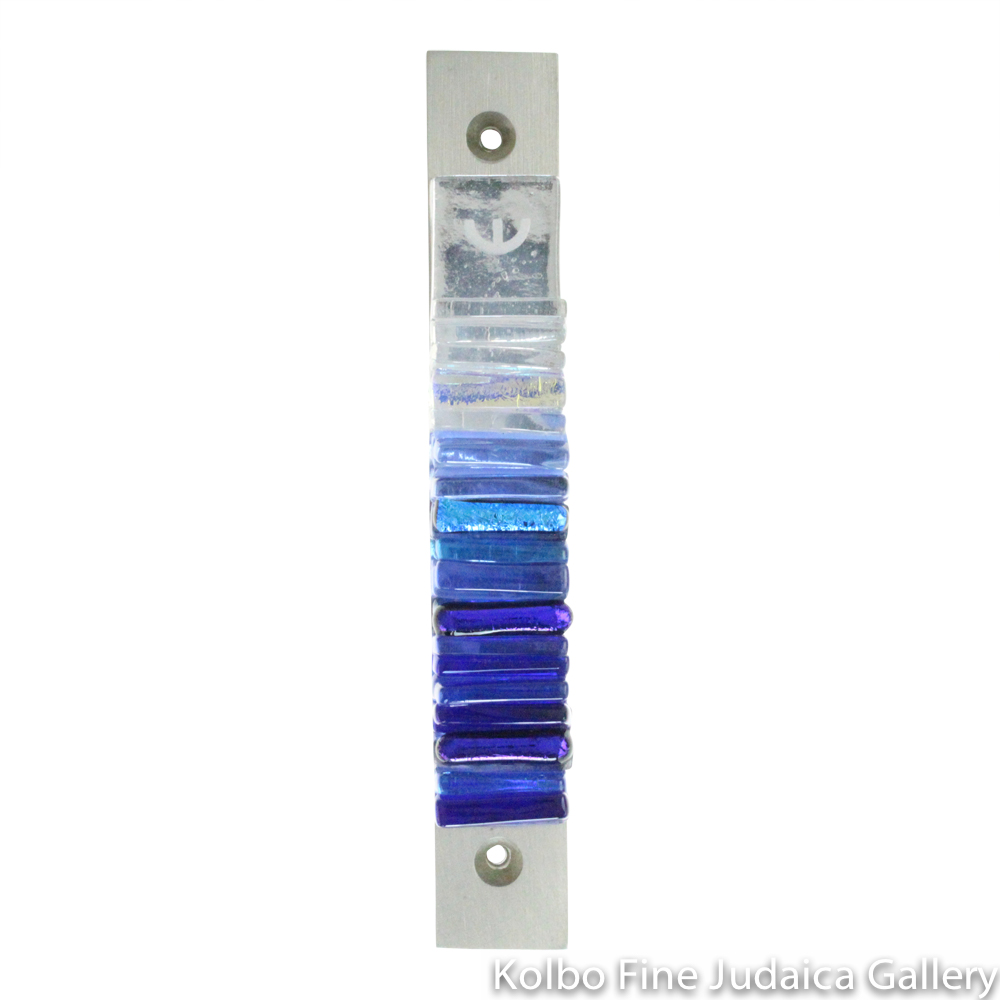 Mezuzah, Iridescent Icicle, Reflective Silver and Blue, Glass and Metal