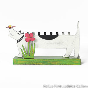 Menorah, Dog Design, Painted Metal on Wooden Base