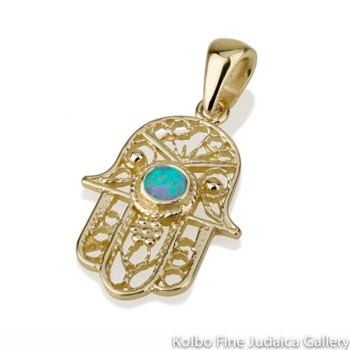Pendant, Hamsa, Filigree, Center Blue Opal, 14K Gold