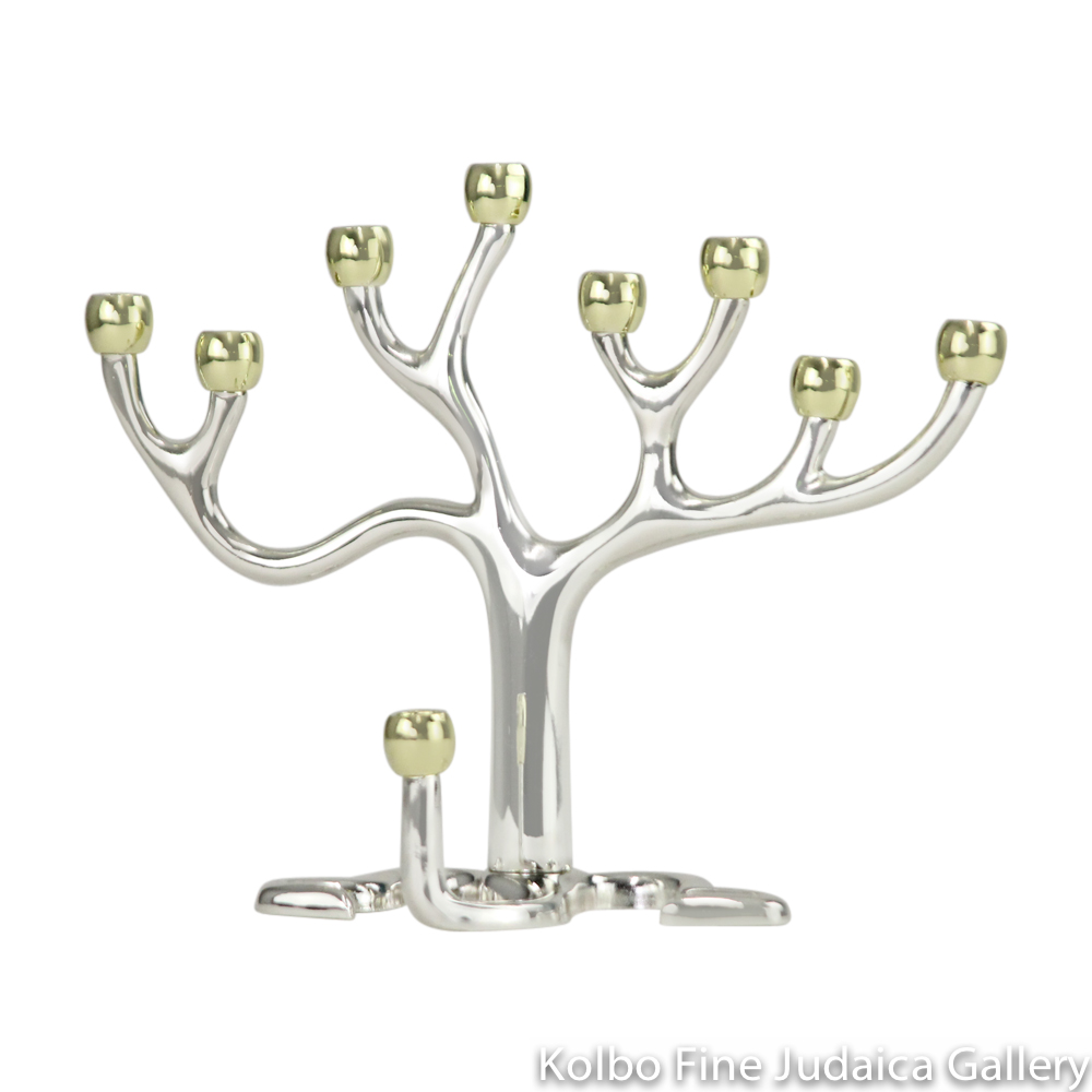 Menorah, Tree of Life Design, Silver Plate and Gold-Tone Cups