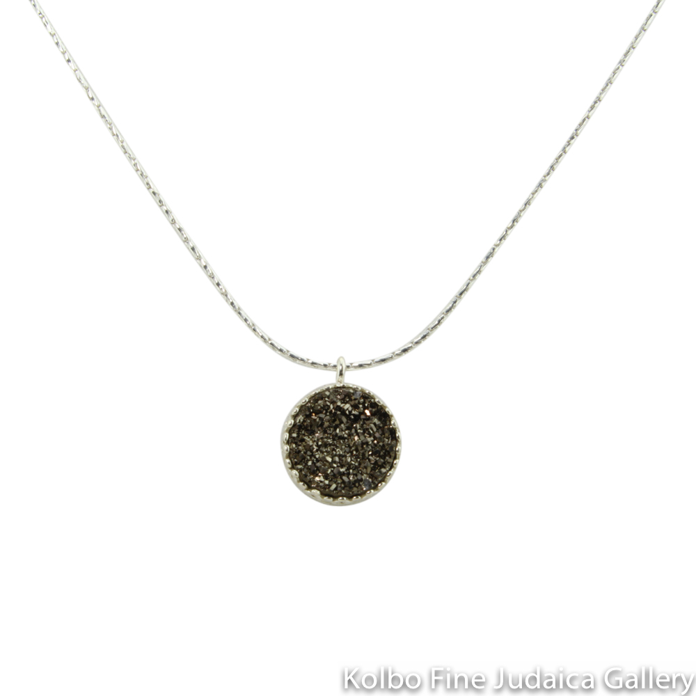 Necklace, Platinum-Colored Agate Druzy Quartz, Round Pendant on Sterling Silver Chain