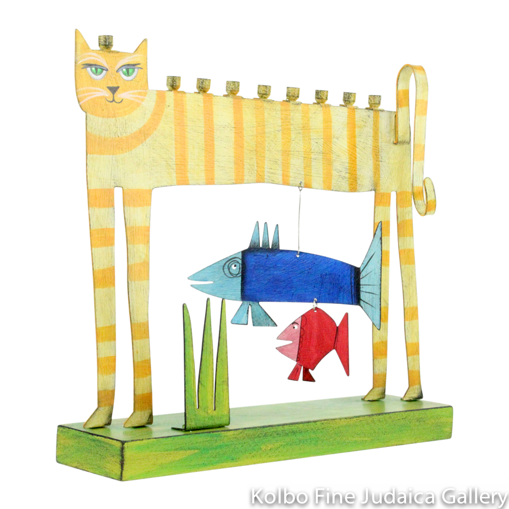 Menorah, Cat with Two Hanging Fish, Hand-Painted Metal