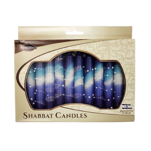 Shabbat Candles, Light Blue, Dark Blue and White, Box of 12, Unscented Dripless Paraffin