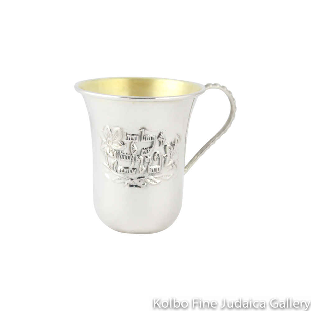 Kiddush Cup, Good Boy in Hebrew, Sterling SIlver with Handle, Stemless
