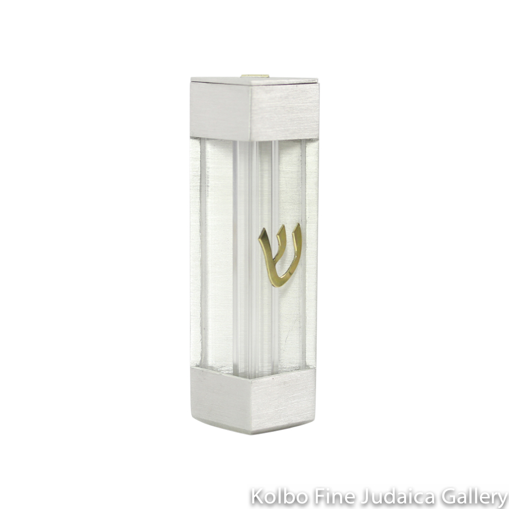 Wedding Glass Mezuzah, Angular Design, Sanded Finish, Pewter and Brass with Acrylic Windows