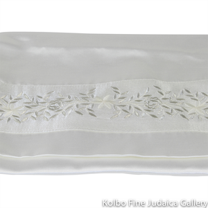 Tallit Set, Embroidered Vine Design in Silver on White Brushed Cotton