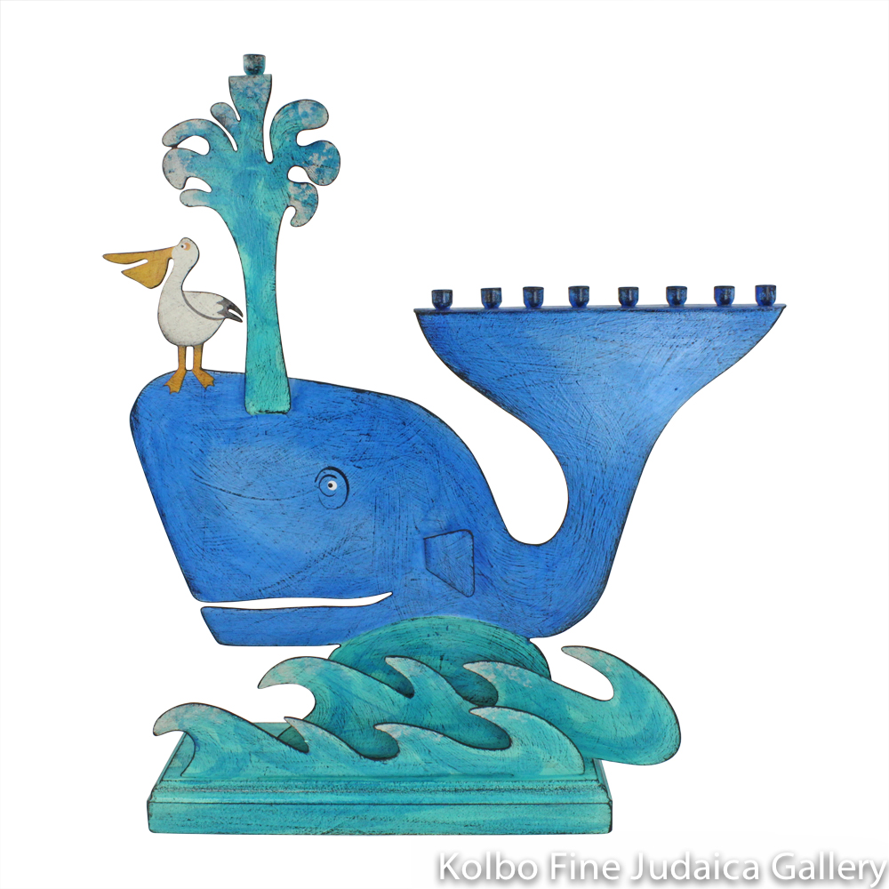 Menorah, Whale Design, Painted Metal on Wooden Base