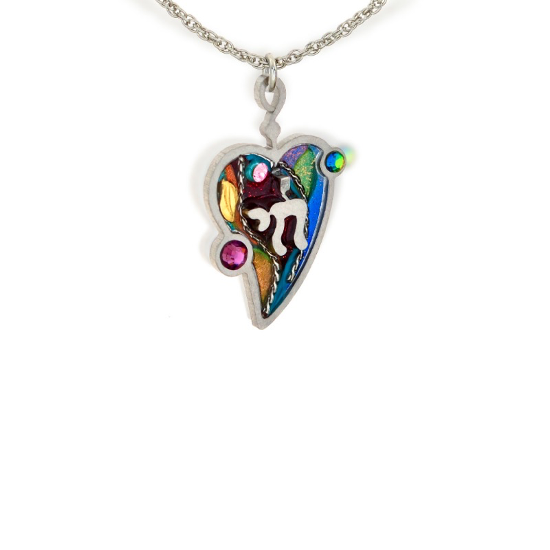 Necklace, Heart with Chai, Multicolored, Resin on Stainless Steel with Crystals and Beads