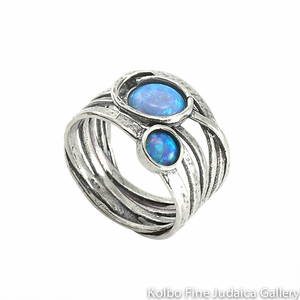 Ring, Interwoven Sterling Silver Bands with Two Round Opals