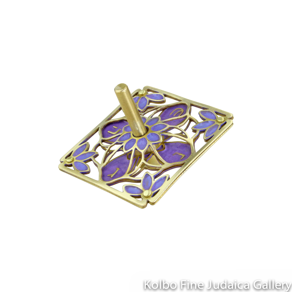 Dreidel, Flower Design, Painted Purple Enamel on Hand-Crafted Brass