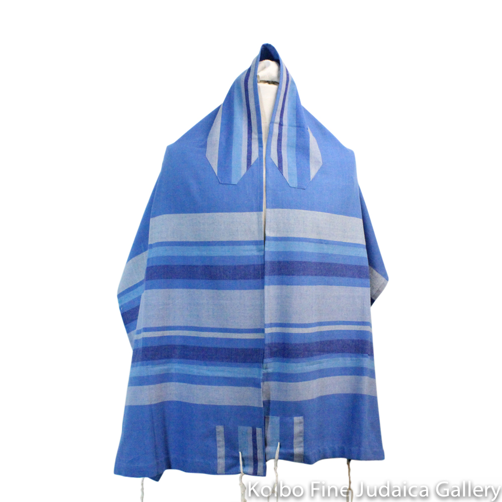 Tallit Set, Royal Blue with Multi-Blue Stripes, Hand-Spun Cotton and Silk, with Bag, Ethically and Sustainably Made
