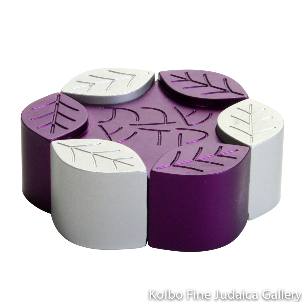 Traveling Candlesticks, Interlocking Leaf Design, Purple and Gray Anodized Aluminum