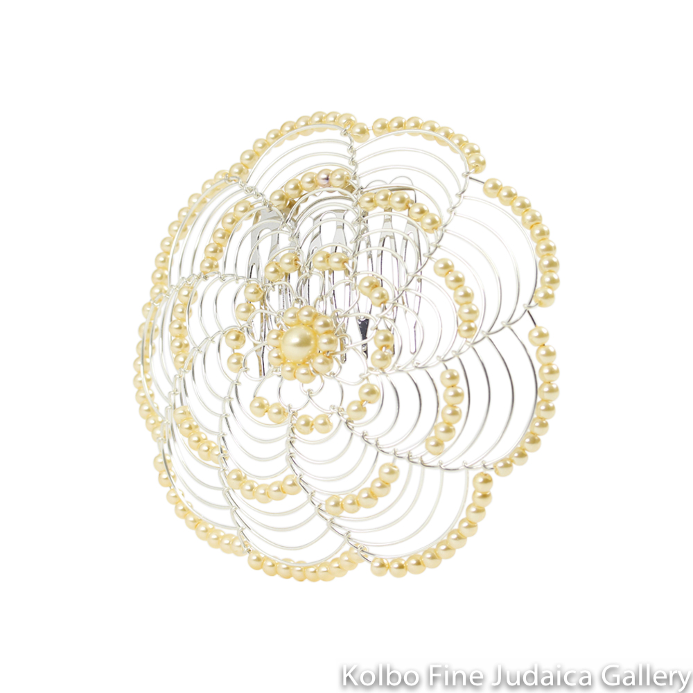 Kippah, Beaded Wire Kippah, Ivory Beads, with Comb