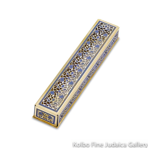 Mezuzah, Blue Floral, Hand Painted Brass, Rectangular