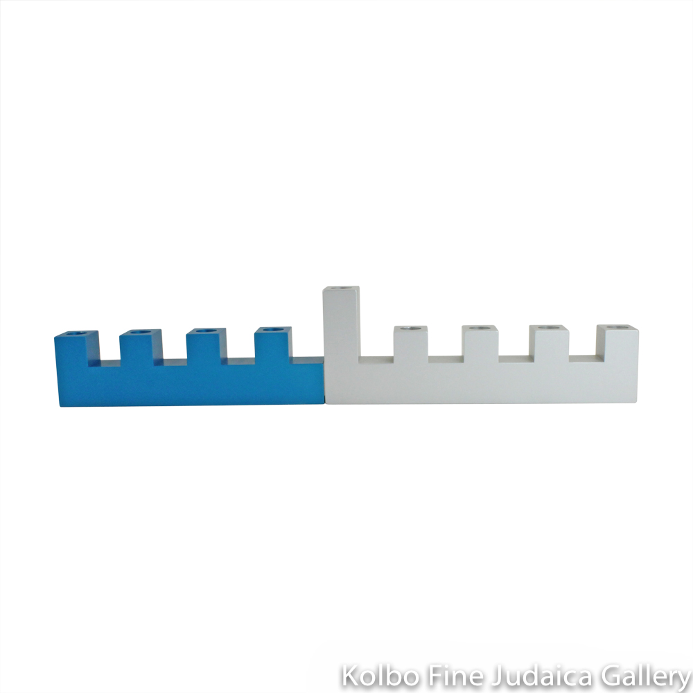 Menorah, Interlocking Traveling Design, Turquoise and Natural Aluminum