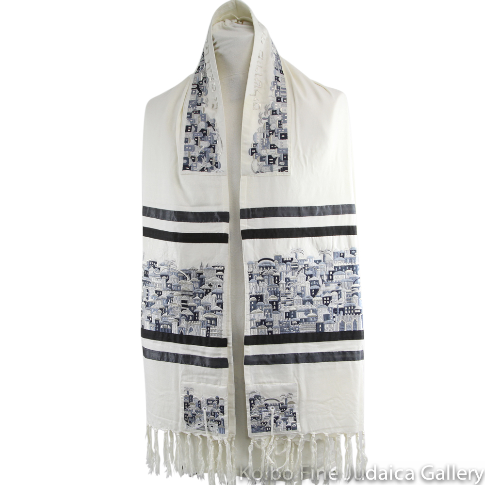 Tallit Set, Embroidered Grey and Silver Jerusalem Design, Cotton