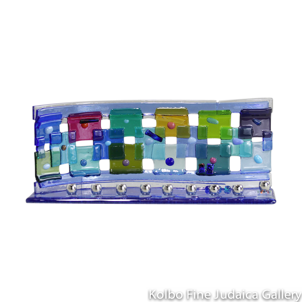 Menorah, Rainbow Quilt Design, Small, Jewel Tone Fused Glass With Beads, Blue Base