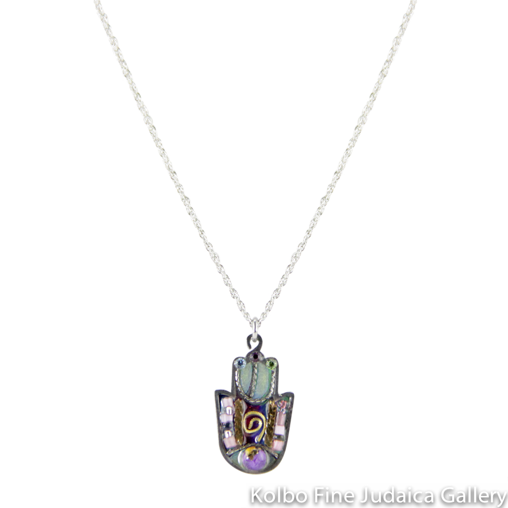 Necklace, Hamsa in Green and Pink, Resin on Stainless Steel with Crystals and Beads