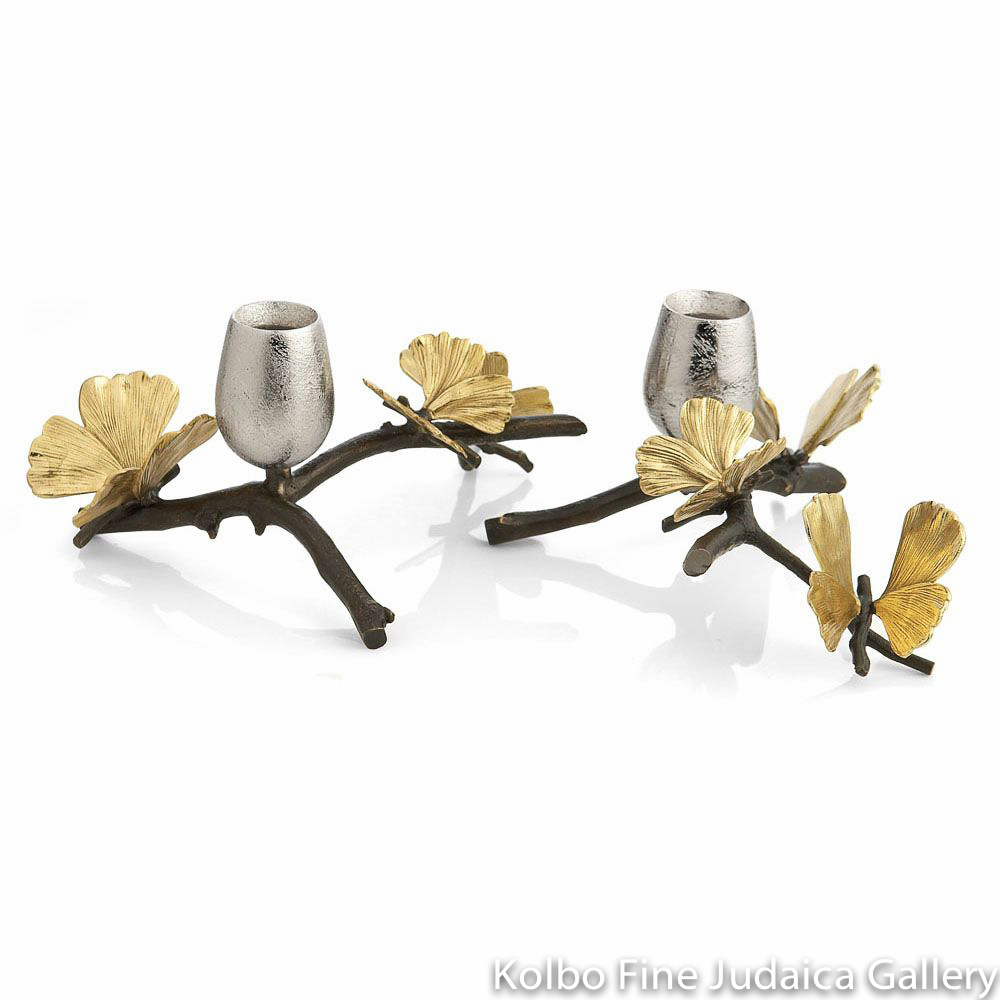 Candlesticks, Butterfly Ginkgo Design, Natural and Oxidized Brass, Nickel Plate