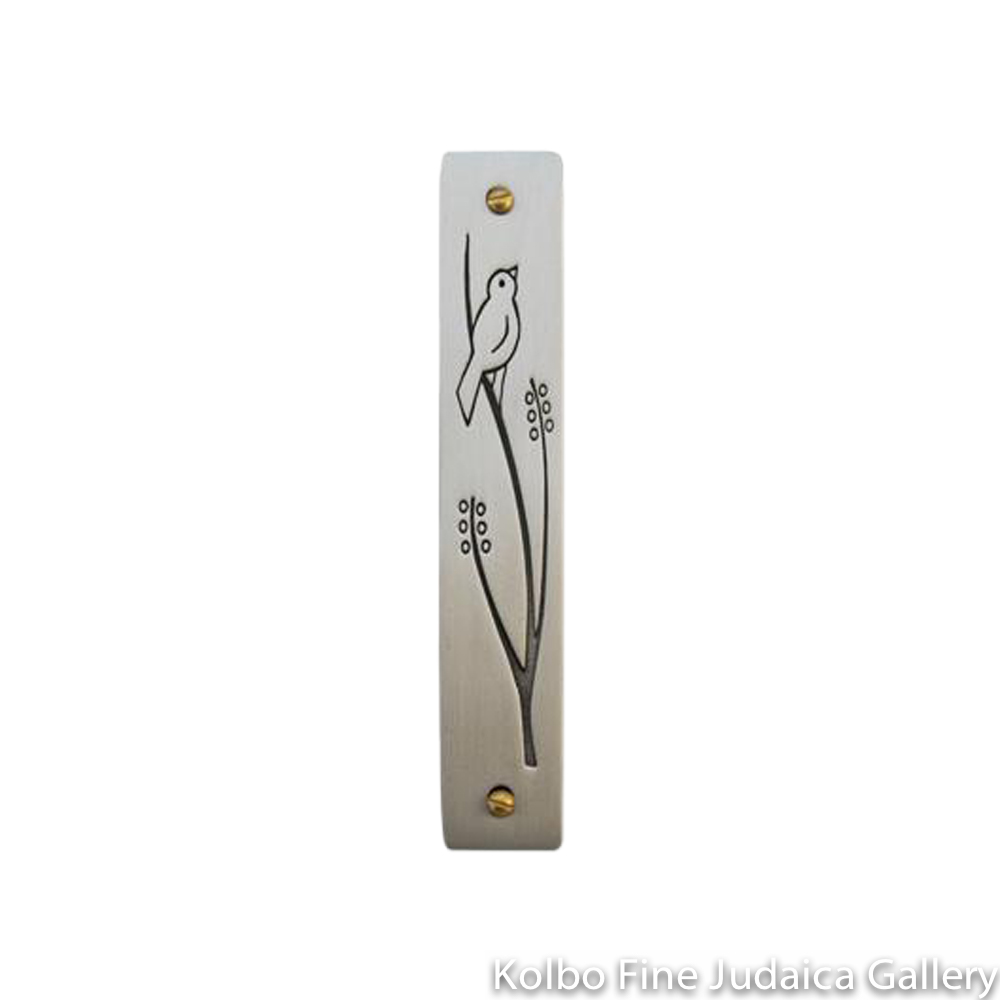 Mezuzah, Line Drawn Bird Design, Pewter