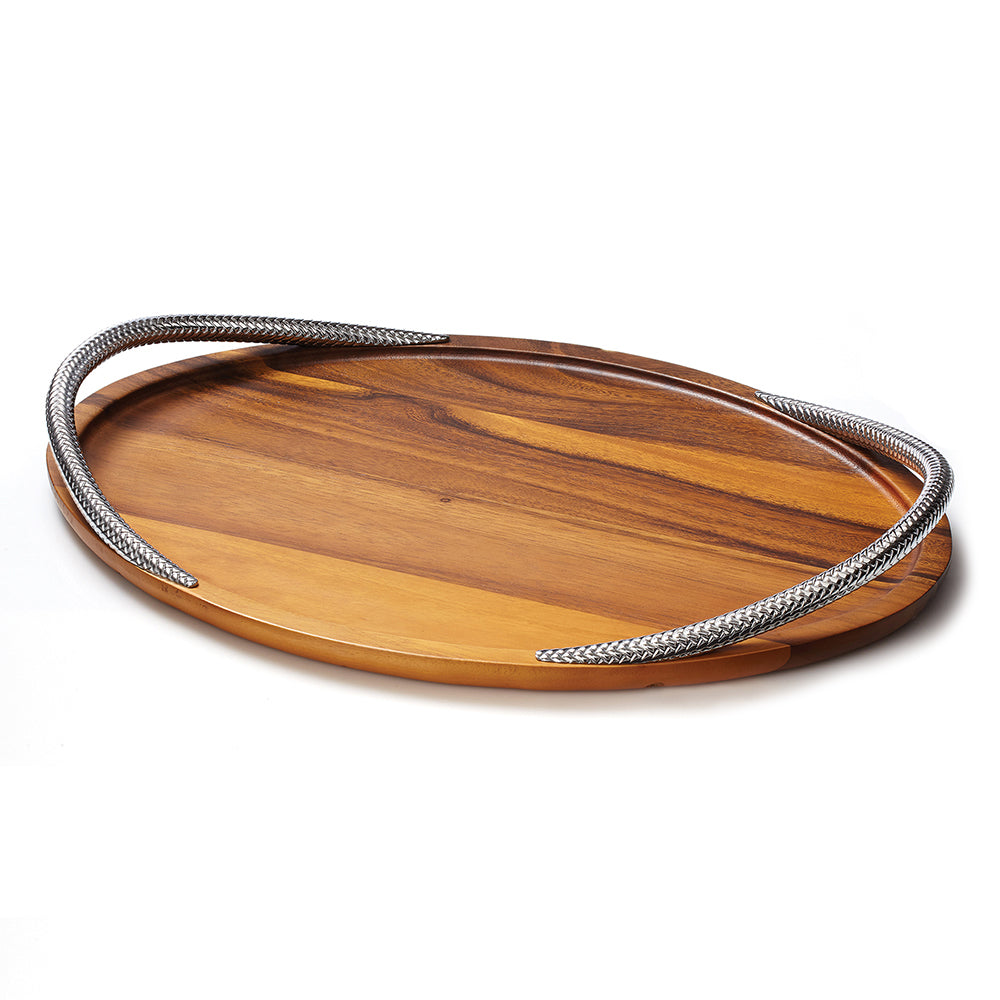 Challah Board, Braided Handles, Acacia Wood and Chrome Plate