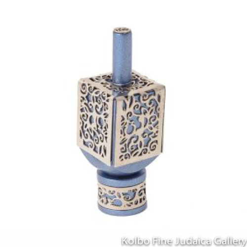 Dreidel, Anodized Aluminum, Pomegranate Blue and Silver Cut Out, Large