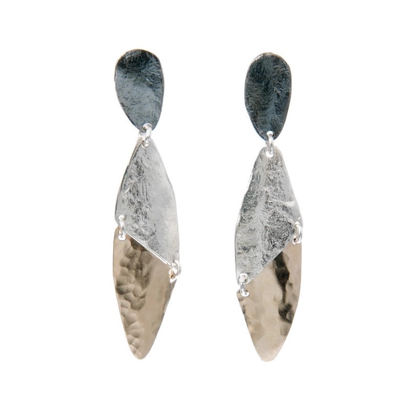 Earrings, Hammered Multimetal Ovals, Sterling Silver, Oxidized Silver, and 14k Gold-Filled, on Posts