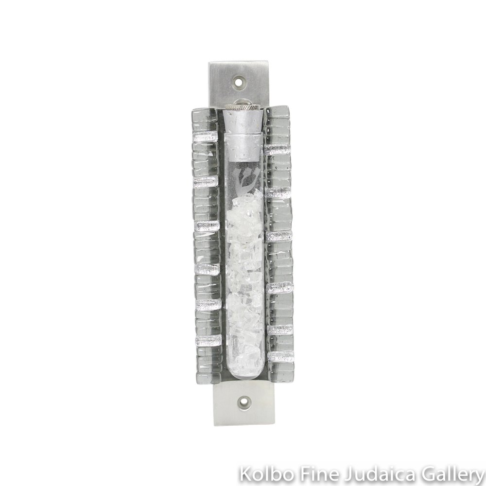 Wedding Glass Mezuzah, Double Sided Design, Iridescent with Gray and Silver Design