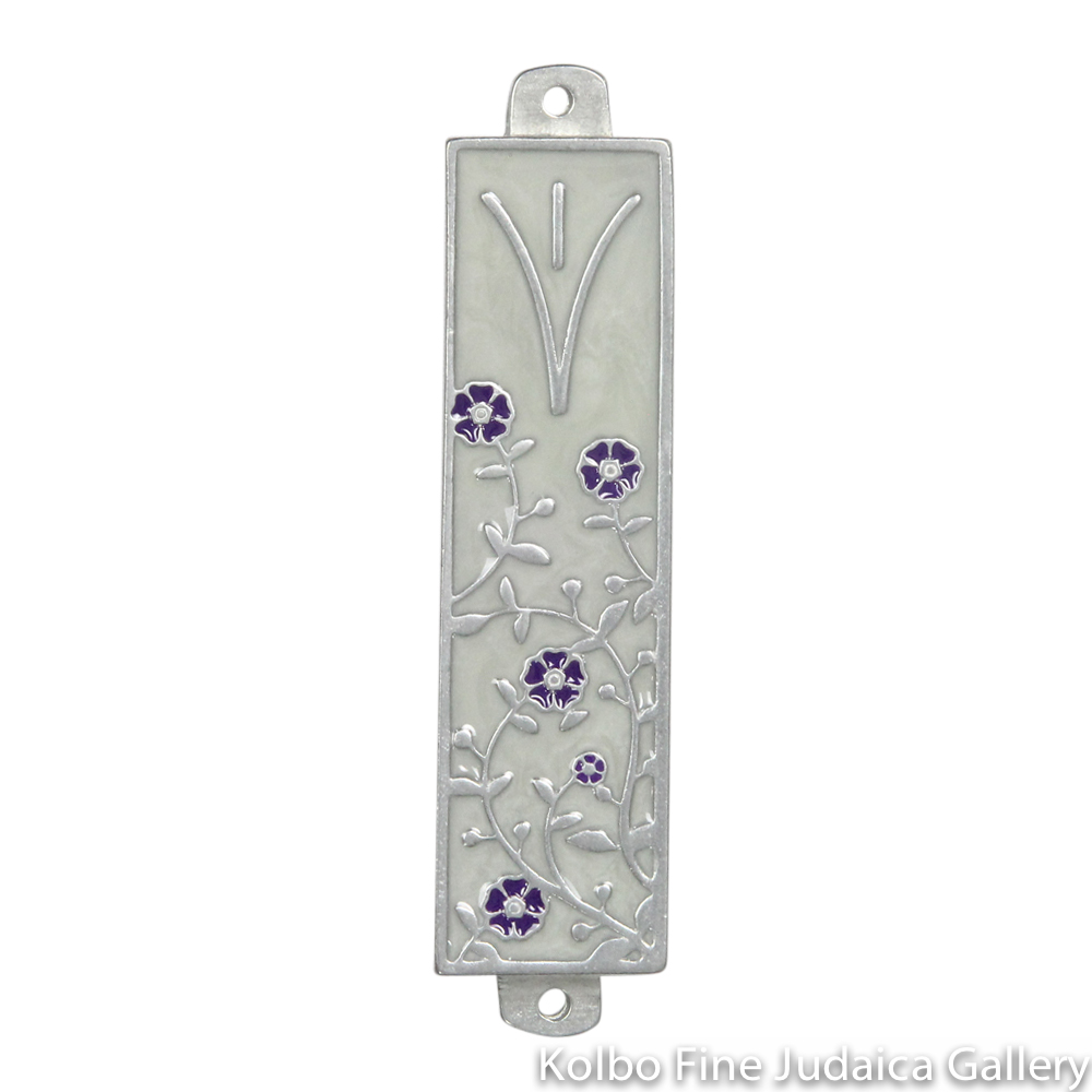 Mezuzah, White Background with Purple Flower Design, Pewter with Enamel