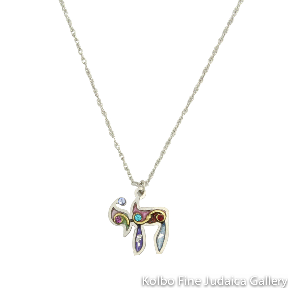 Necklace, Colorful Chai Pendant with Gold Accents, Resin on Stainless Steel with Crystals