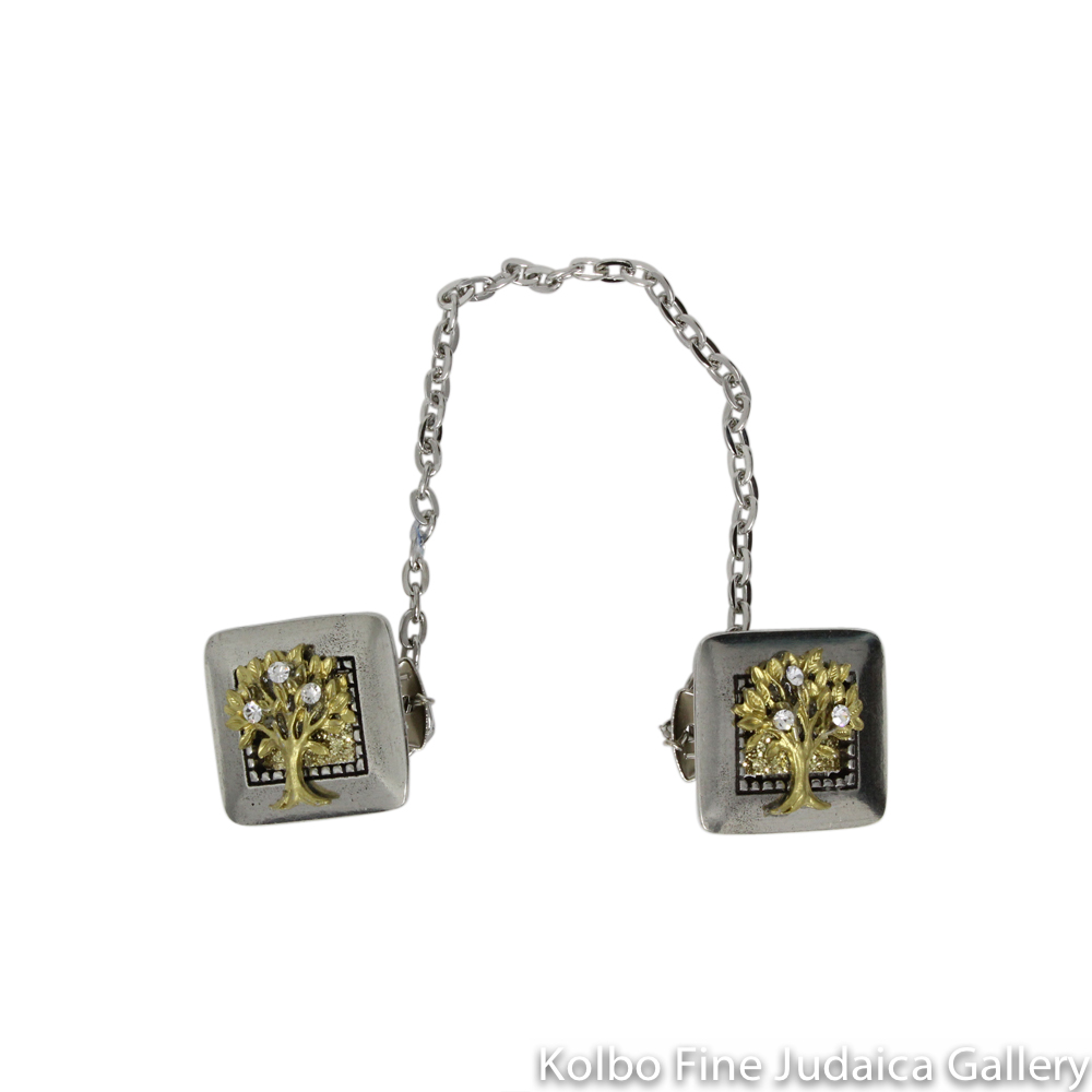 Tallit Clip, Gold Tree Of Life Design, Pewter With Silver Chain