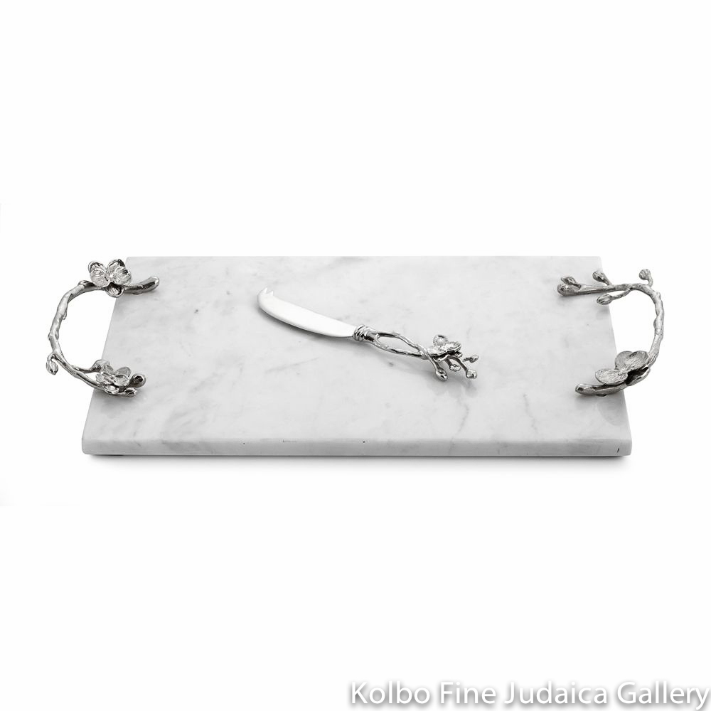 Challah Or Serving Plate, White Orchid Design, White Marble, Nickel Plate, Stainless Steel