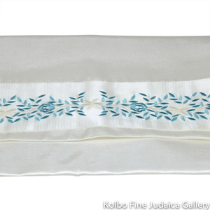 Tallit Set, Embroidered Vine Design in Pale Blue on White Brushed Cotton