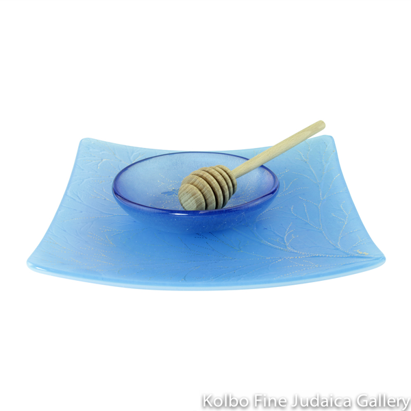 Honey and Apple Set, Square Leaf Plate with Honeybee Bowl, Glass with Light Turquoise Glaze