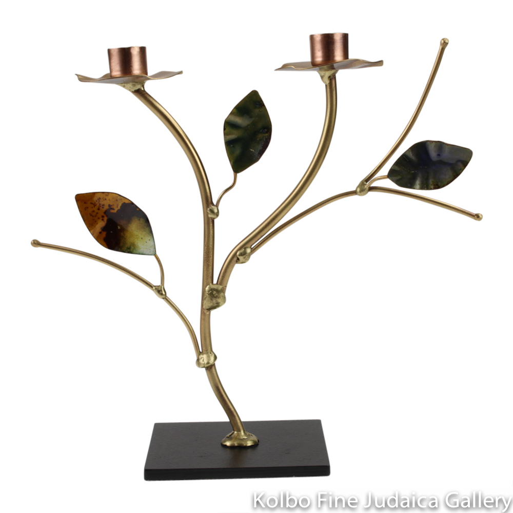 Candlesticks, Even Height with Enameled Leaves, Brass and Copper