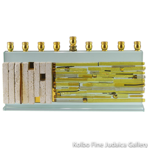 Menorah, Glass and Jerusalem Stone, Half Western Wall Glass Design with Yellow Speckles, Half Layered Jerusalem Stone