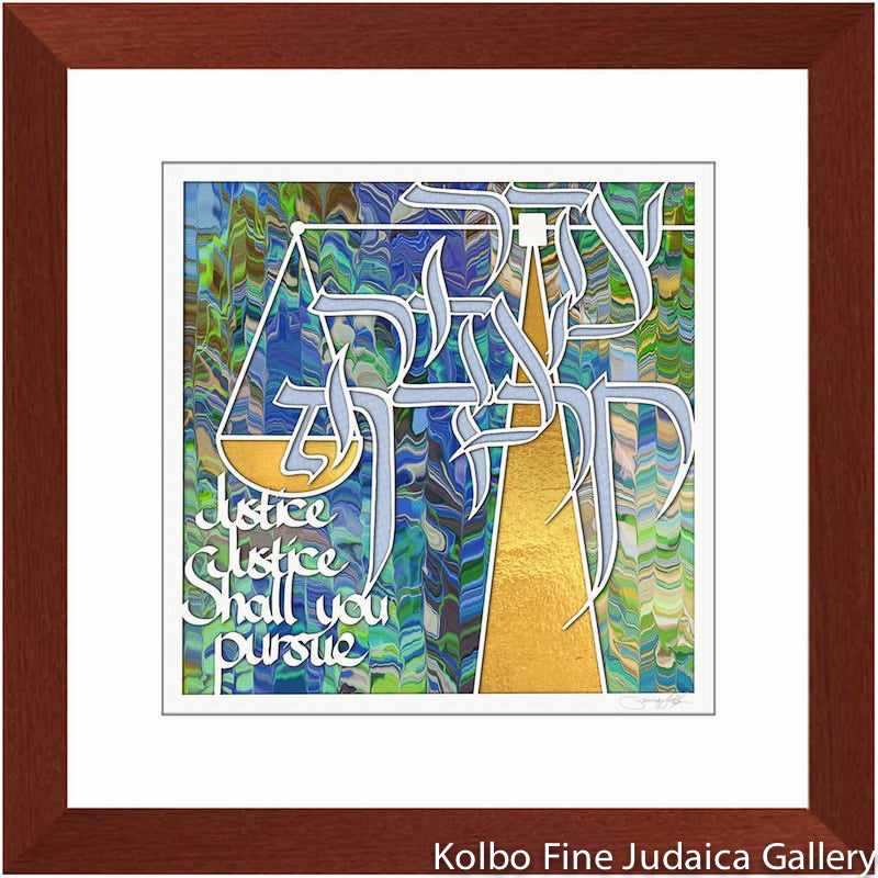 Justice Justice, Print of Original Papercut, Blue, Gold, and Green, Walnut Frame